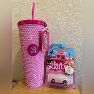 Barbie Movie Pink Studded Travel Cup Bottle , Hot Wheels 1956 Corvette & Pin Set